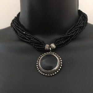 Vintage Matte Black Onyx Multi-Strand Beaded Choker Necklace